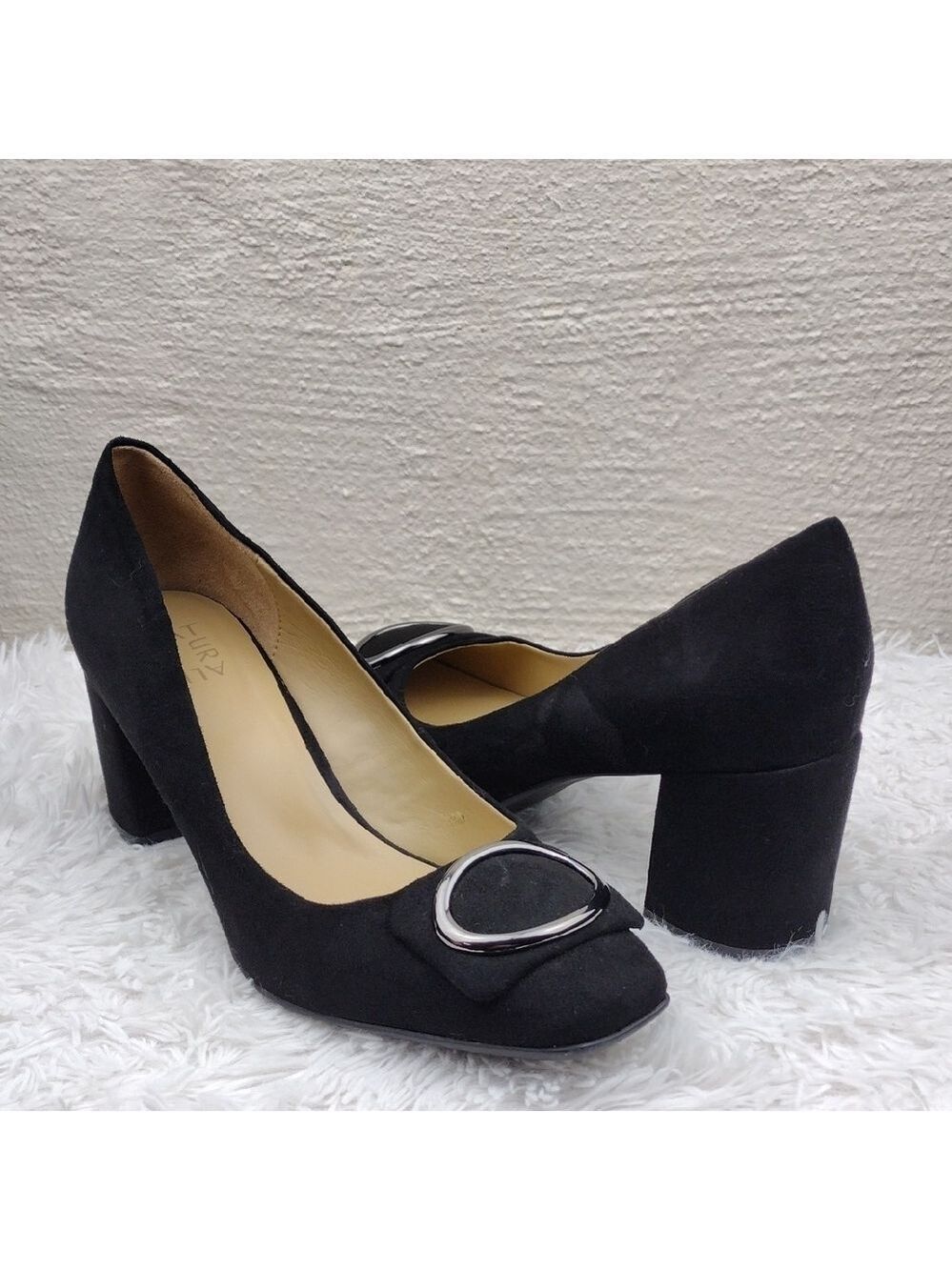 Naturalizer Winch Black Suede Closed Square Toe Mid Block Heel Slip On Pump Shoe
